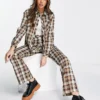 Glamorous Slim Flare Trousers With Split Hem In Grunge Check Co-ord For Women Brown Check