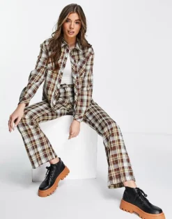 Glamorous Slim Flare Trousers With Split Hem In Grunge Check Co-ord For Women Brown Check