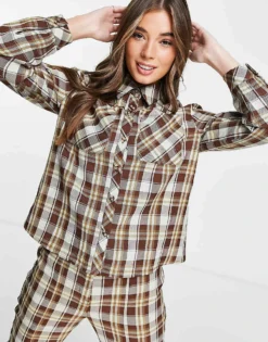 Glamorous Slim Flare Trousers With Split Hem In Grunge Check Co-ord For Women Brown Check -Glamorous Shop 200930511 3