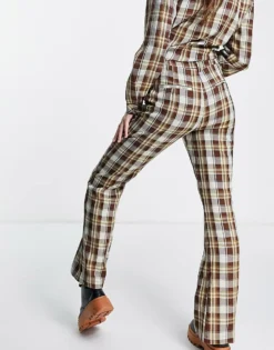 Glamorous Slim Flare Trousers With Split Hem In Grunge Check Co-ord For Women Brown Check -Glamorous Shop 200930511 4