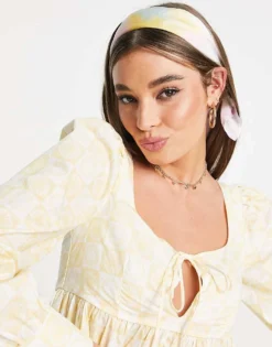 Glamorous Long Sleeve Mini Prairie Dress In Yellow Check Print For Women Ditsy Rose Stripe -Glamorous Shop 201488699 3