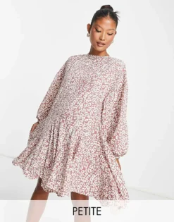 Glamorous Petite Tie Neck Tiered Smock Mini Dress In Mauve Leopard For Women