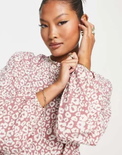 Glamorous Petite Tie Neck Tiered Smock Mini Dress In Mauve Leopard For Women -Glamorous Shop 202604760 3