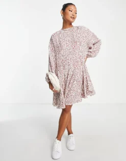 Glamorous Petite Tie Neck Tiered Smock Mini Dress In Mauve Leopard For Women -Glamorous Shop 202604760 4