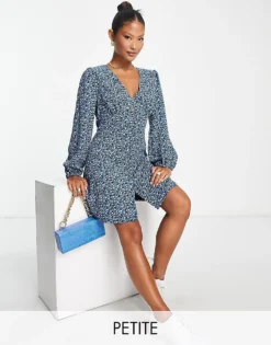 Glamorous Petite V-neck Mini Dress In Black Blue Ditsy Floral For Women