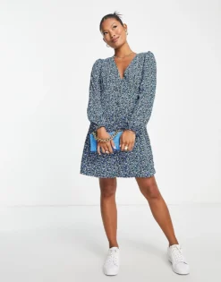 Glamorous Petite V-neck Mini Dress In Black Blue Ditsy Floral For Women -Glamorous Shop 202982886 4