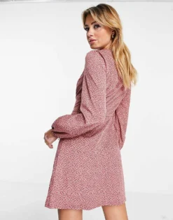 Glamorous V-neck Mini Tea Dress With Balloon Sleeves In Pink Ditsy For Women -Glamorous Shop 202982996 4