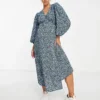 Glamorous Bloom Glamorous Maternity Wrap Midi Dress In Blue Ditsy Floral For Women
