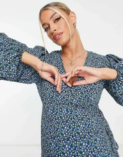 Glamorous Bloom Glamorous Maternity Wrap Midi Dress In Blue Ditsy Floral For Women -Glamorous Shop 203062483 3