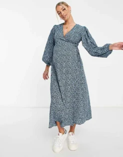 Glamorous Bloom Glamorous Maternity Wrap Midi Dress In Blue Ditsy Floral For Women -Glamorous Shop 203062483 4