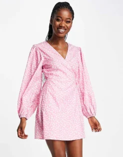 Glamorous Long Sleeve Wrap Mini Dress In Pink Ditsy Floral For Women Pink White Ditsy -Glamorous Shop 203483803 1 pinkwhiteditsy 1