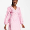 Glamorous Long Sleeve Wrap Mini Dress In Pink Ditsy Floral For Women Pink White Ditsy