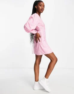 Glamorous Long Sleeve Wrap Mini Dress In Pink Ditsy Floral For Women Pink White Ditsy -Glamorous Shop 203483803 4