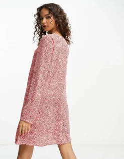 Glamorous Long Sleeve Smock Dress In Red White Floral For Women -Glamorous Shop 204009964 4