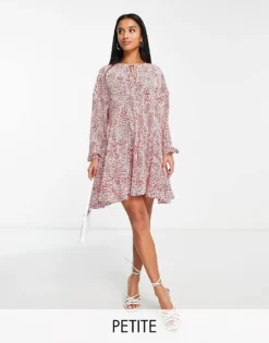 Glamorous Petite Tie Neck Mini Smock Swing Dress In Red Leopard For Women