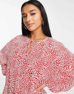 Glamorous Petite Tie Neck Mini Smock Swing Dress In Red Leopard For Women -Glamorous Shop 204009980 3