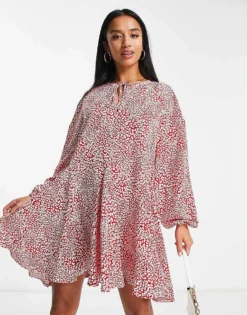 Glamorous Petite Tie Neck Mini Smock Swing Dress In Red Leopard For Women -Glamorous Shop 204009980 4