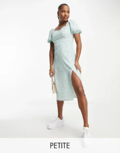 Glamorous Petite Square Neck Tie Back Midi Tea Dress In Mint Lilac Ditsy For Women Mint Lilac Floral