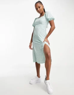 Glamorous Petite Square Neck Tie Back Midi Tea Dress In Mint Lilac Ditsy For Women Mint Lilac Floral -Glamorous Shop 204062216 3