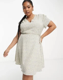Glamorous Curve V Neck Tie Waist Mini Tea Dress In Cream Spring Floral For Women