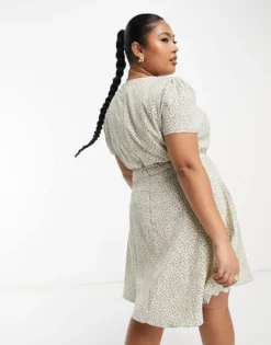 Glamorous Curve V Neck Tie Waist Mini Tea Dress In Cream Spring Floral For Women -Glamorous Shop 204062298 3