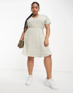 Glamorous Curve V Neck Tie Waist Mini Tea Dress In Cream Spring Floral For Women -Glamorous Shop 204062298 4