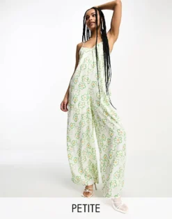 Glamorous Petite Lace Back Strappy Smock Jumpsuit In Green Floral For Women White Painted Floral