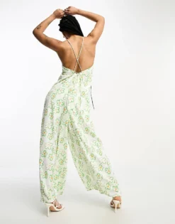 Glamorous Petite Lace Back Strappy Smock Jumpsuit In Green Floral For Women White Painted Floral -Glamorous Shop 204370123 3