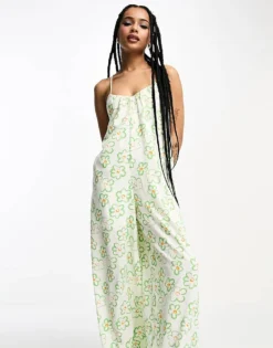 Glamorous Petite Lace Back Strappy Smock Jumpsuit In Green Floral For Women White Painted Floral -Glamorous Shop 204370123 4