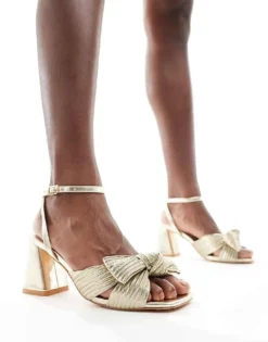 Glamorous Exclusive Mid Heel Sandals With Bow In Gold For Women -Glamorous Shop 204861348 3