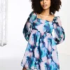 Glamorous Puff Sleeve Mini Smock Dress With Bow Back In Blue Floral Organza For Women Blur Floral