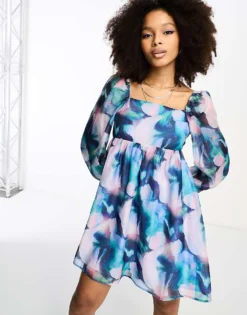 Glamorous Puff Sleeve Mini Smock Dress With Bow Back In Blue Floral Organza For Women Blur Floral