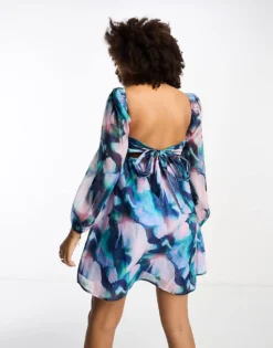 Glamorous Puff Sleeve Mini Smock Dress With Bow Back In Blue Floral Organza For Women Blur Floral -Glamorous Shop 205009319 4