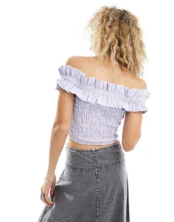 Glamorous Off Shoulder Shirred Crop Top In Purple Stripe Co-ord For Women -Glamorous Shop 205380942 4