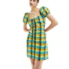 Glamorous Scoop Neck Short Sleeve Ruched Mini Dress In Bright Check For Women