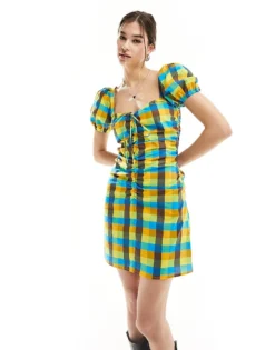 Glamorous Scoop Neck Short Sleeve Ruched Mini Dress In Bright Check For Women