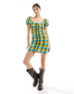 Glamorous Scoop Neck Short Sleeve Ruched Mini Dress In Bright Check For Women -Glamorous Shop 205380943 4