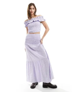 Glamorous Shirred Waist Tierred Maxi Skirt In Purple Stripe Co-ord For Women
