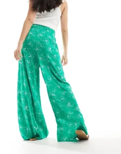 Glamorous Wide Leg Trousers In Green Scribble Floral For Women Green White Scribble -Glamorous Shop 205381028 4