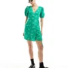 Glamorous Wrap Short Sleeve Tea Dress In Green Scribble Floral For Women Green White Scribble