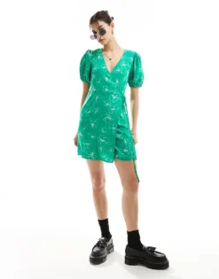 Glamorous Wrap Short Sleeve Tea Dress In Green Scribble Floral For Women Green White Scribble