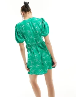 Glamorous Wrap Short Sleeve Tea Dress In Green Scribble Floral For Women Green White Scribble -Glamorous Shop 205381066 3