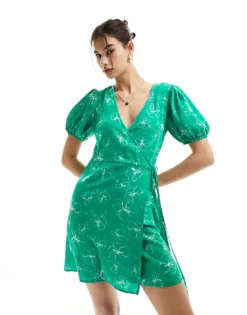 Glamorous Wrap Short Sleeve Tea Dress In Green Scribble Floral For Women Green White Scribble -Glamorous Shop 205381066 4