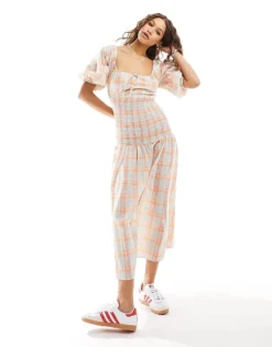 Glamorous Scoop Neck Shirred Waist Puff Sleeve Midi Dress In Blue Check For Women Blue Light Check