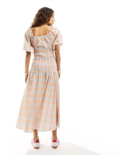 Glamorous Scoop Neck Shirred Waist Puff Sleeve Midi Dress In Blue Check For Women Blue Light Check -Glamorous Shop 205381087 4