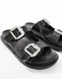 Glamorous Rhinestone Buckle Slides In Black For Women -Glamorous Shop 205491242 3