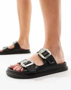 Glamorous Rhinestone Buckle Slides In Black For Women -Glamorous Shop 205491242 4