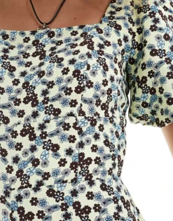 Glamorous Square Neck Bow Tie Tea Jumpsuit In Butterscotch Retro Ditsy For Women Cream Brown Ditsy -Glamorous Shop 205530944 3