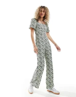 Glamorous Square Neck Bow Tie Tea Jumpsuit In Butterscotch Retro Ditsy For Women Cream Brown Ditsy -Glamorous Shop 205530944 4