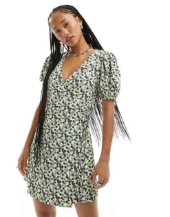 Glamorous Tie Waist V Neck Mini Tea Dress In Butterscotch Retro Ditsy For Women Cream Brown Ditsy